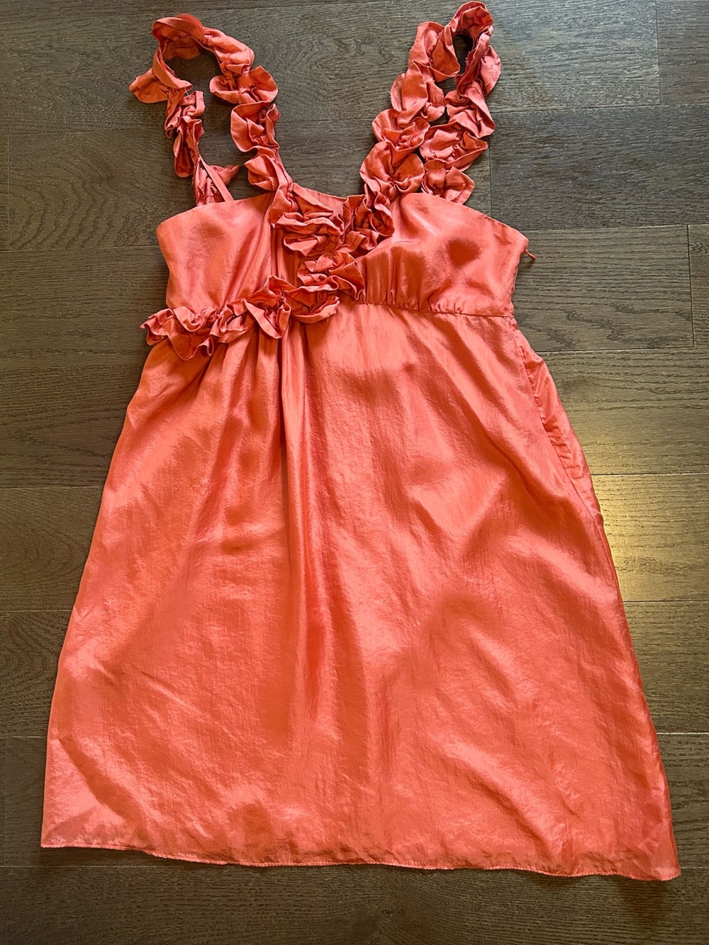 100% Silk Rosette Raw Edge Mini Dress Coral Susana Monaco 6 Y2K Wedding Guest